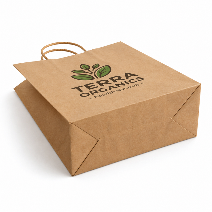 Eco friendly recyclable kraft paper shopping bag custom printed brand logo, durable twisted handle takeaway tote bag for bakery organic food shop bulk manufacturer