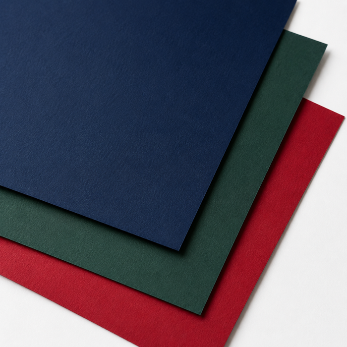 Stack of high-quality colored cardstock sheets in navy blue, deep green, and Christmas red, showcasing custom packaging paper materials for luxury gift boxes, retail packaging, and eco-friendly branding solutions.