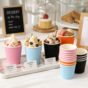 Disposable insulated ripple wall paper cups in pink light blue orange black, custom corrugated hot drink paper cups for cafe dessert shop yogurt ice cream, eco friendly wholesale party paper cups with matte vertical corrugated texture, food grade single use coffee cups for commercial catering store display