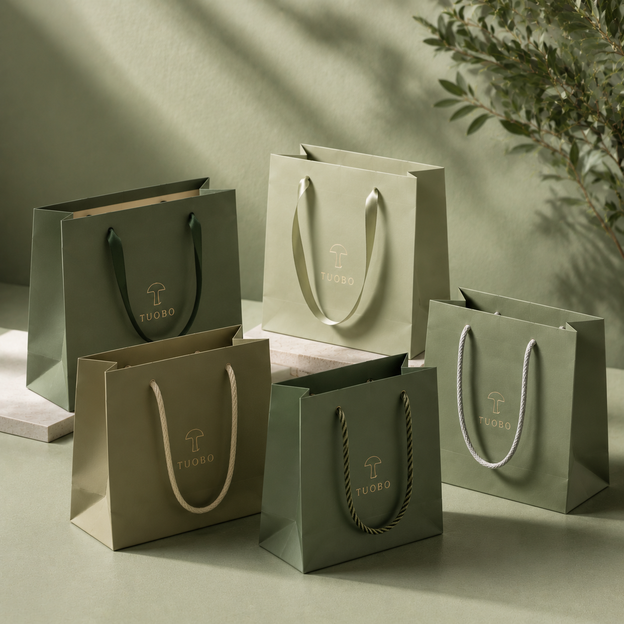 Lifestyle product shot of 5 styles TUOBO sage green system premium paper shopping bags with varied ribbon & rope handles, custom gold foil logo design, minimalist neutral green scene with natural soft light, high-end retail boutique gift packaging wholesale supplies