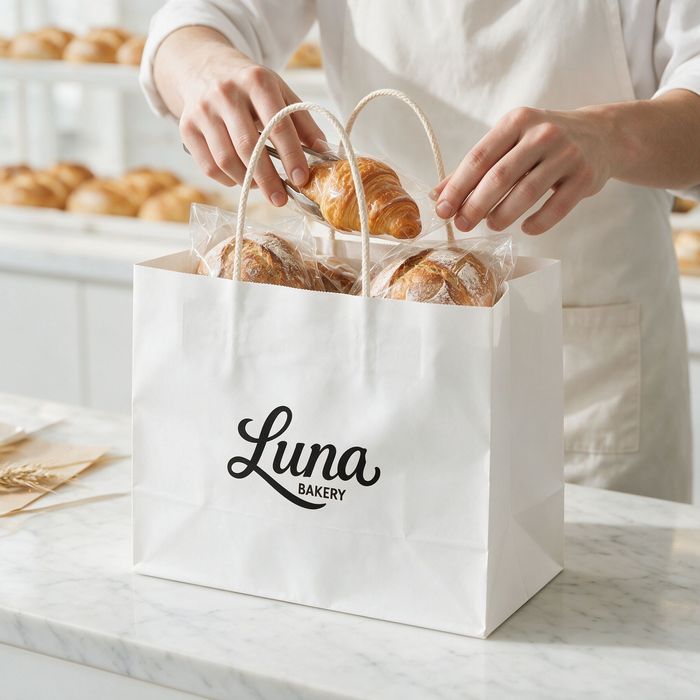 A baker using tongs to pack fresh pastries into a custom white paper bag on a marble countertop in a modern pastry shop.