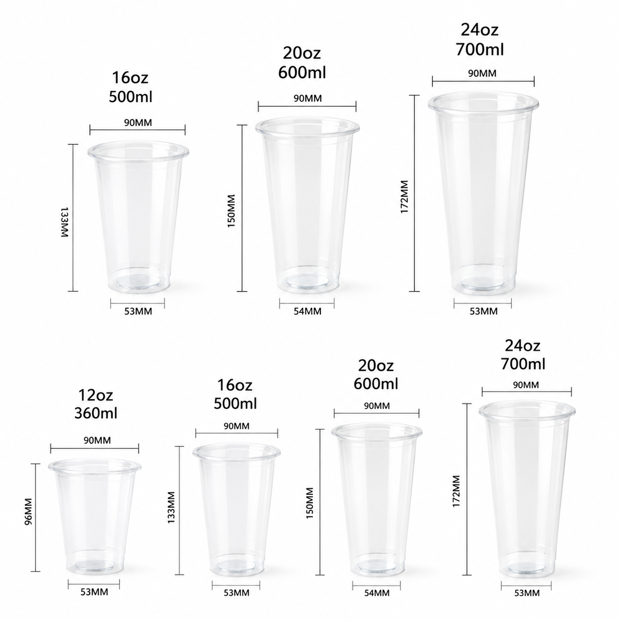 Blank transparent food grade PET plastic drink cups dimension diagram, 12oz 360ml to 24oz 700ml multi capacity bubble tea takeaway containers size reference for custom printed beverage cups wholesale