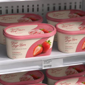 Close-up of custom printed strawberry Greek yogurt ice cream tubs neatly arranged in a supermarket freezer shelf, showing food-grade packaging design and clear branding area.