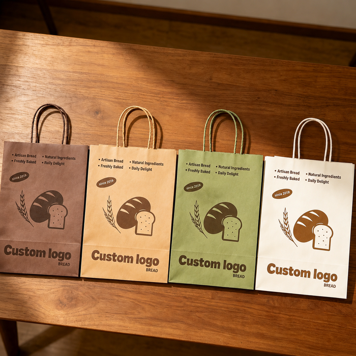Four food-grade kraft bread bags in brown, beige, and green tones with custom bakery logos and twisted handles, designed for bakery takeout and retail branding.