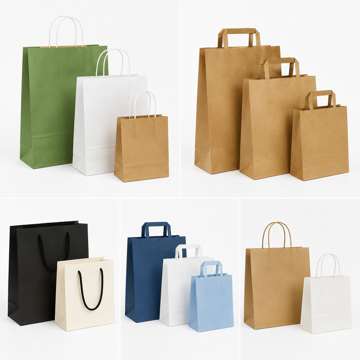 A collection of custom paper shopping bags featuring kraft paper bags, luxury gift bags, flat handle paper bags, and twisted handle paper bags in various colors and sizes on a white background.