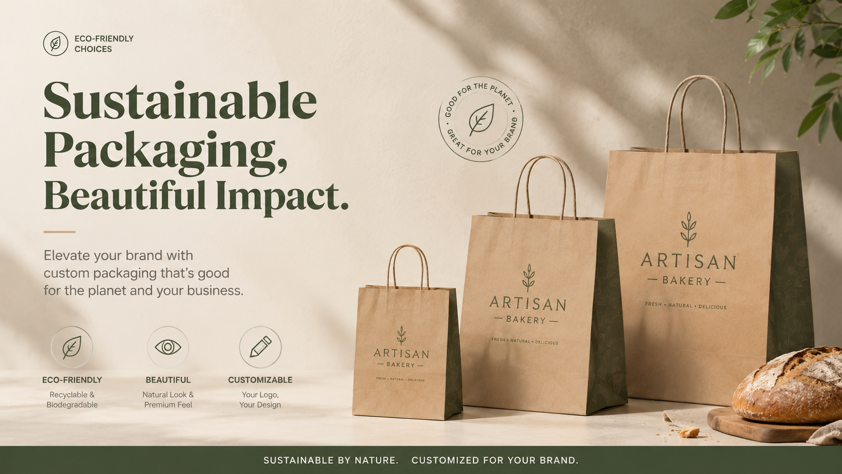 Three sizes of eco-friendly custom kraft bakery bags with "ARTISAN BAKERY" logos, featuring sustainable packaging benefits (recyclable, biodegradable, customizable) in a warm bakery-themed setting.
