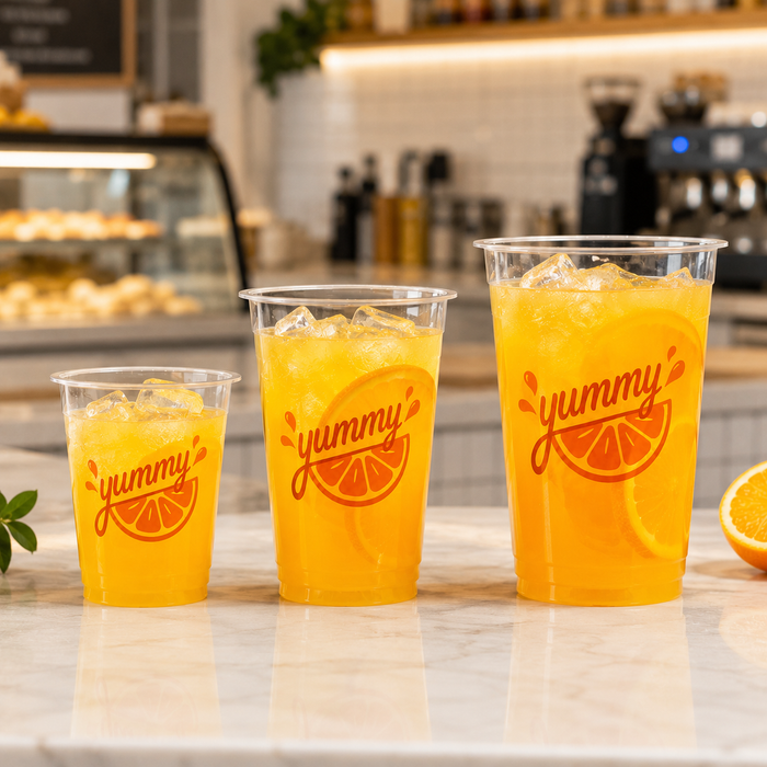 Three sizes logo printed rPET clear plastic cold drink cups filled with fresh orange iced juice, sustainable recyclable takeaway beverage cups for cafe juice bar, eco friendly custom printed juice packaging