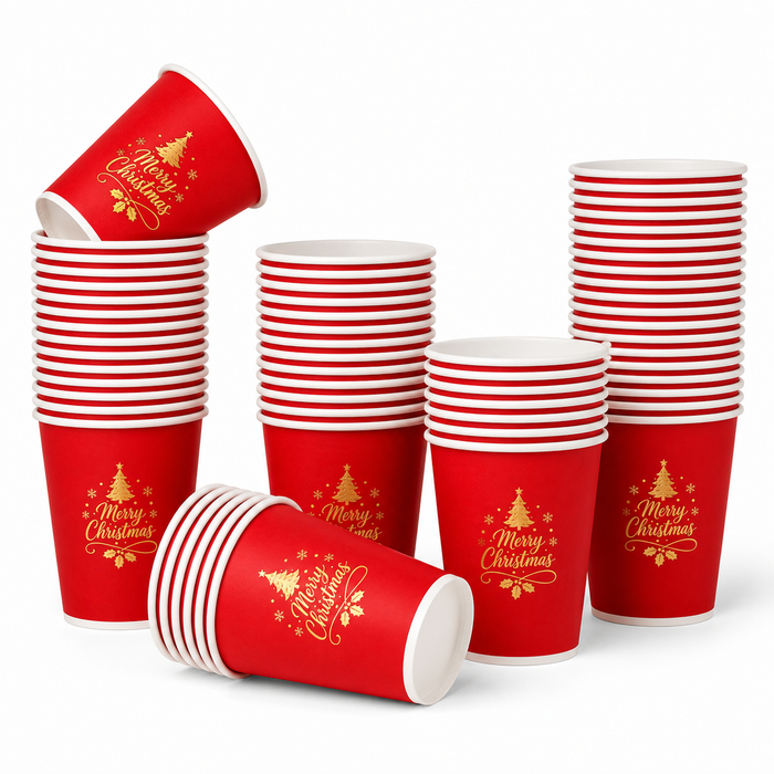 White background flat lay shot of stacked red christmas paper cups with gold Merry Christmas tree print, bulk disposable festive holiday coffee cups, stackable eco friendly custom printed christmas takeaway cups for party and café wholesale supplier