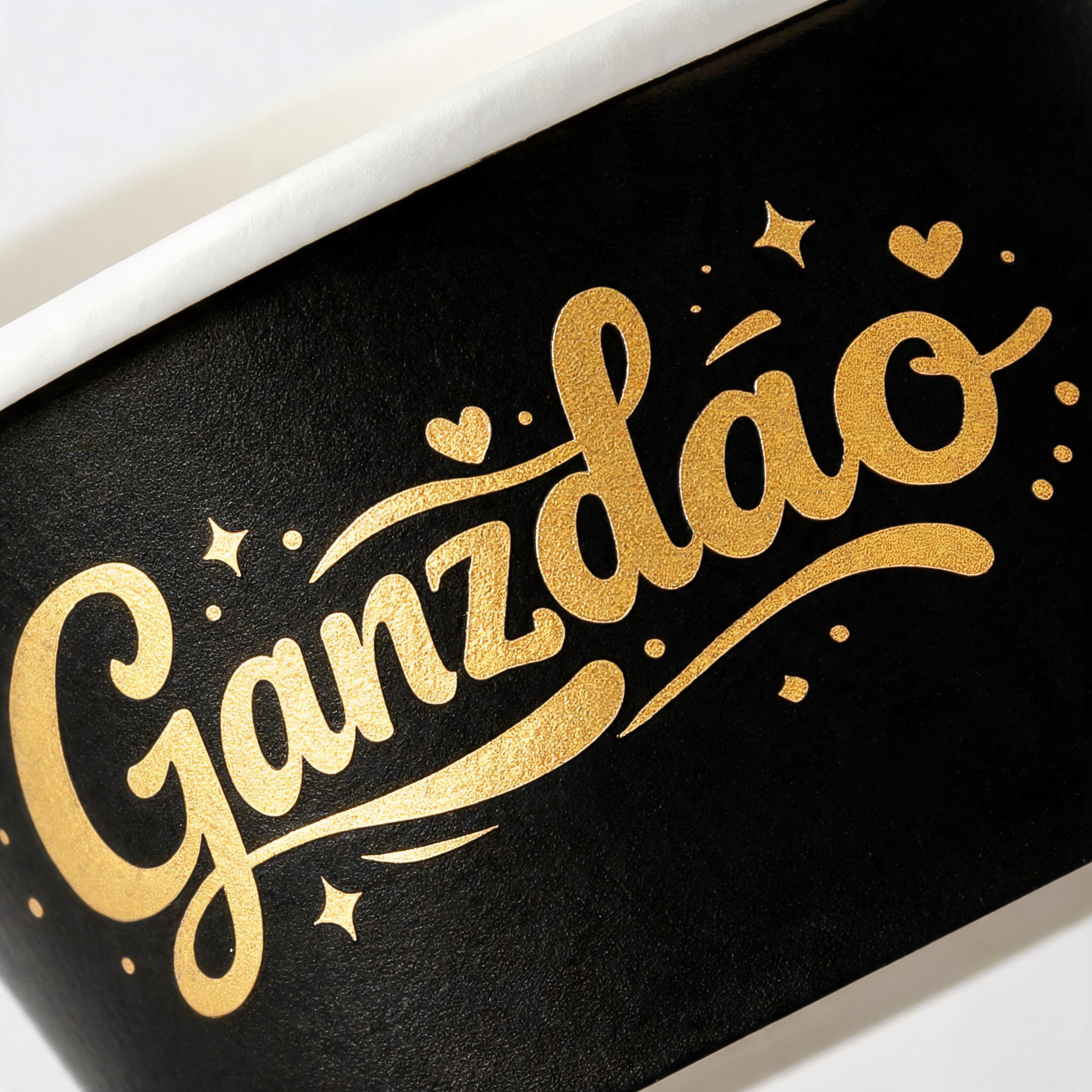 Close-up shot of custom gold foil printed black 3oz ice cream cups, biodegradable mini paper ice cream cups from China 4oz paper cups factories, custom paper cups with luxury Ganzdao branding, food safe printed ice cream cups