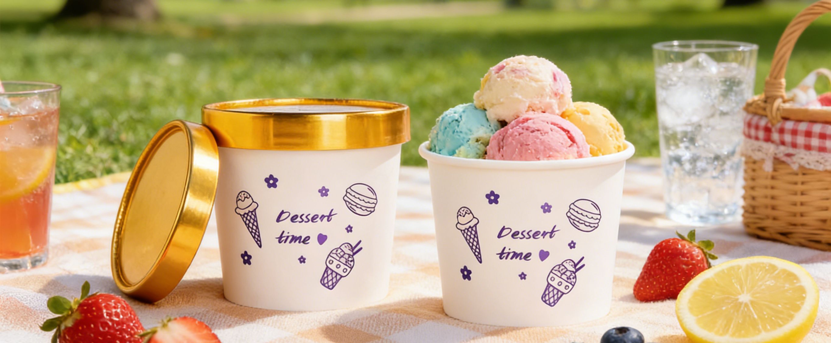 Close-up of two custom printed paper ice cream cups with gold lids, one holding scoops of colorful ice cream, set on a picnic table outdoors with fresh fruits and drinks in the background.