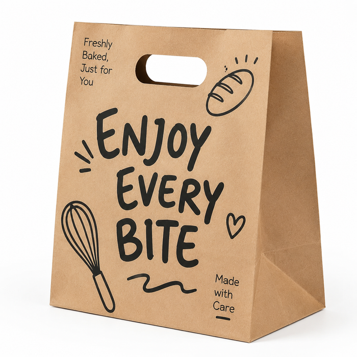 Wholesale eco friendly die cut handle kraft paper bag, custom printed branded bakery retail carry bag, sustainable kraft packaging bag