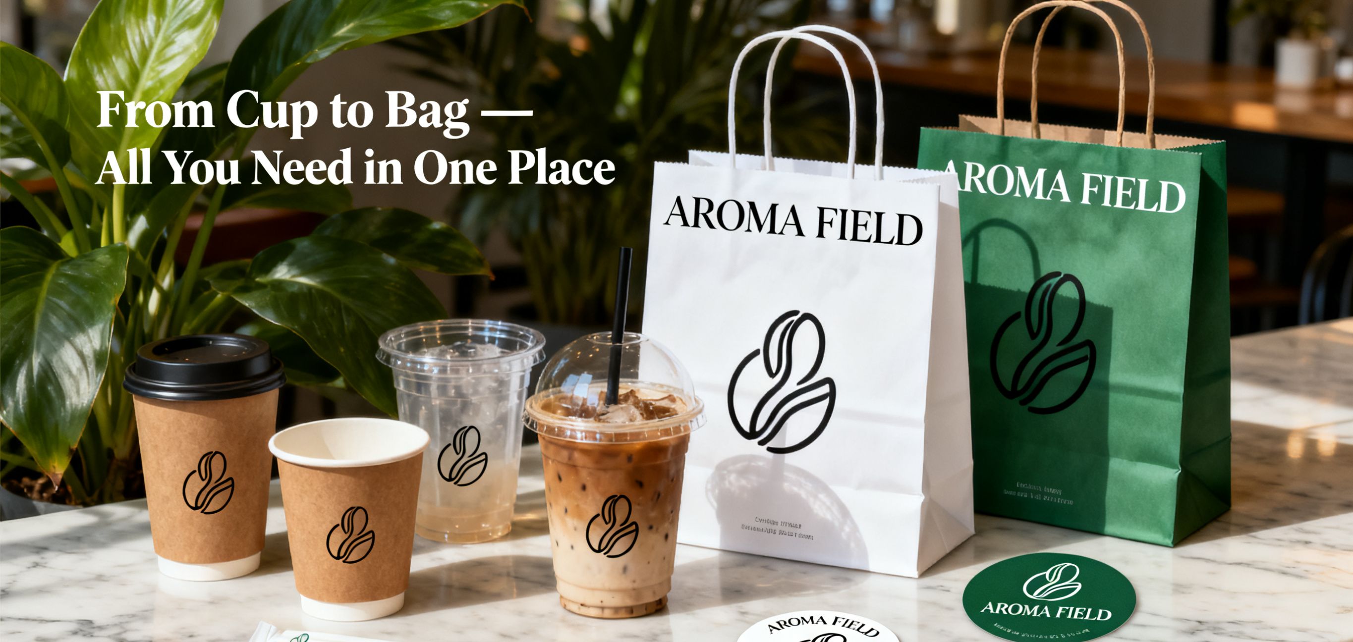 Custom printed coffee cups and branded kraft paper bags with minimalist logo design, coffee shop packaging mockup on marble table