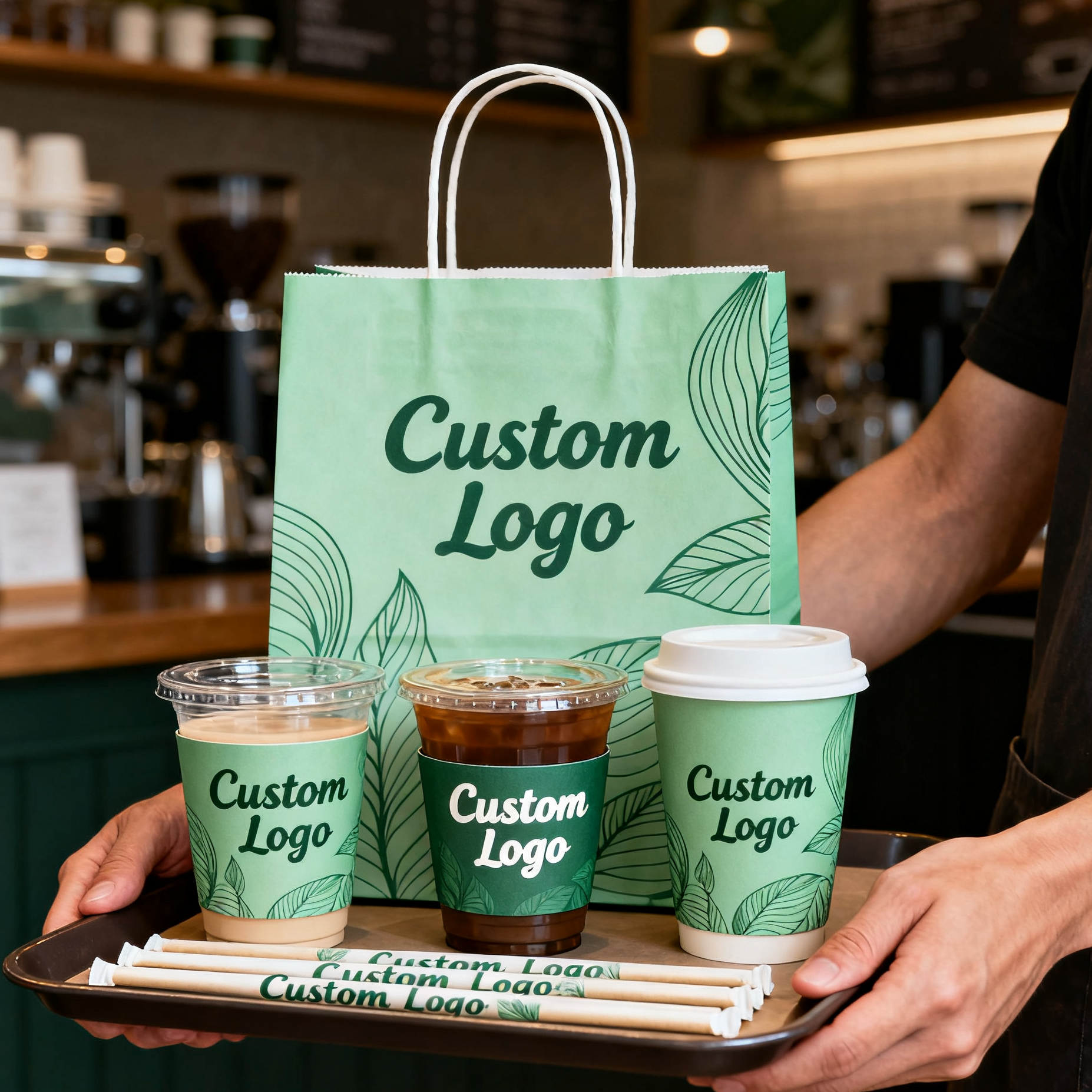 Custom printed disposable coffee cups with matching takeaway packaging for cafes