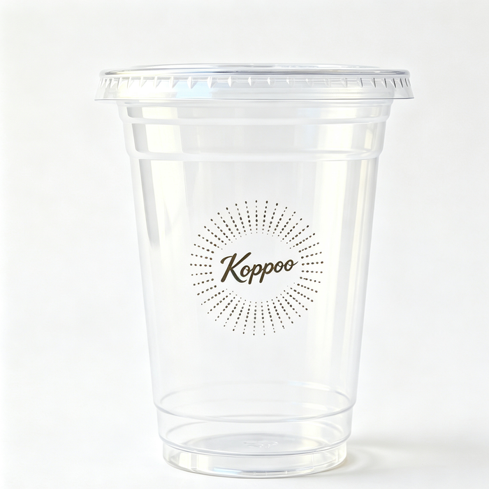 Food grade rPET clear cups, recycled PET material recyclable plastic cup, sustainable eco friendly beverage packaging with custom branded print