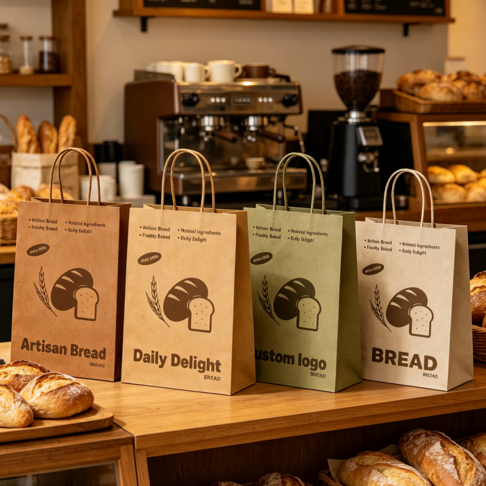 Custom printed kraft paper bakery bags displayed in an artisan bakery shop