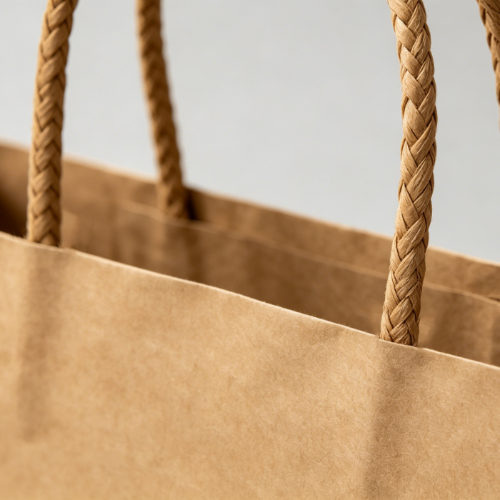 Close-up of braided paper handles on premium kraft bakery bags