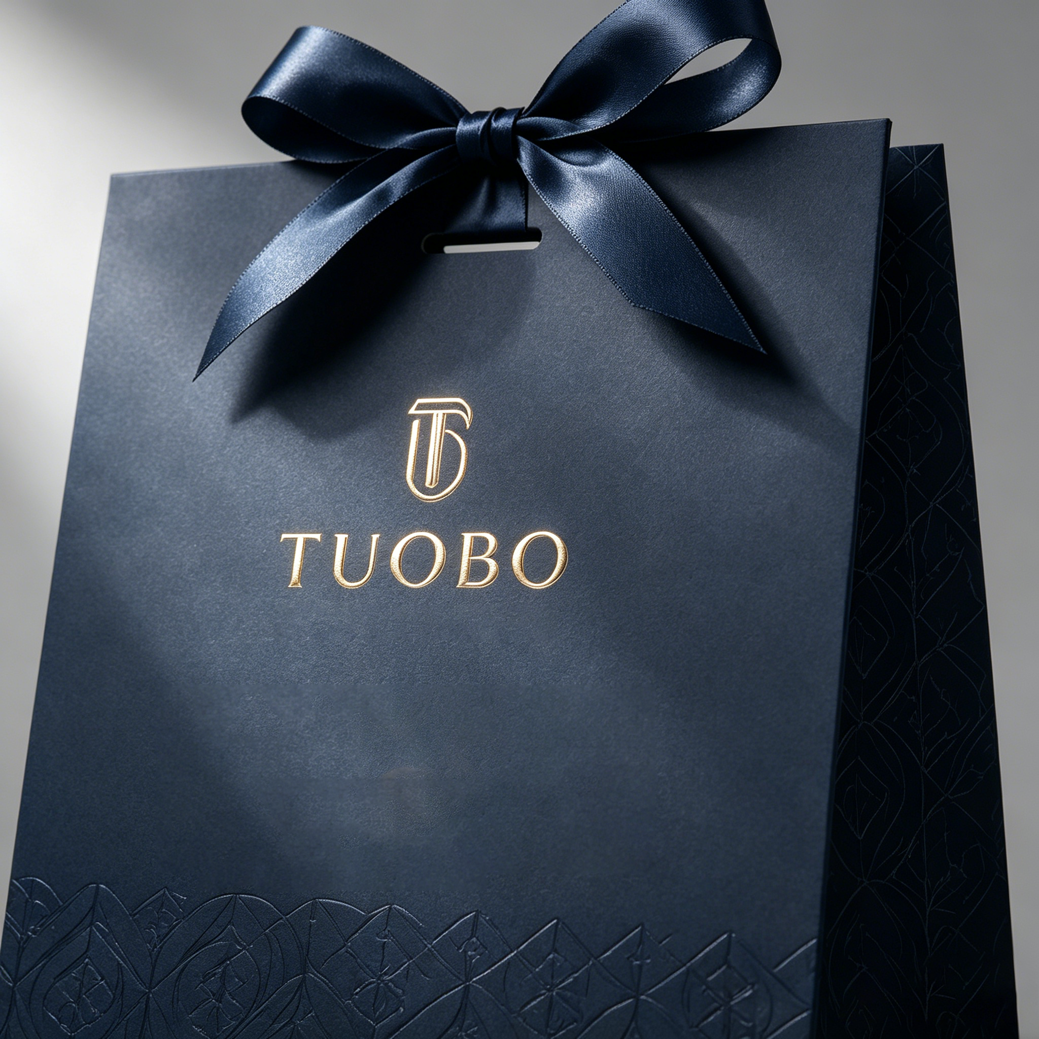 Close-up shot of a premium navy blue Tuobo custom gift bag, featuring a satin ribbon bow, embossed geometric patterns, and gold foil logo under soft studio lighting.