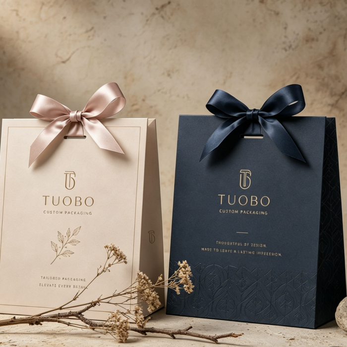 Matte-finish paper gift bags with custom gold foil branding, satin ribbon bows, and optional embossed textures, designed for premium retail and gifting.