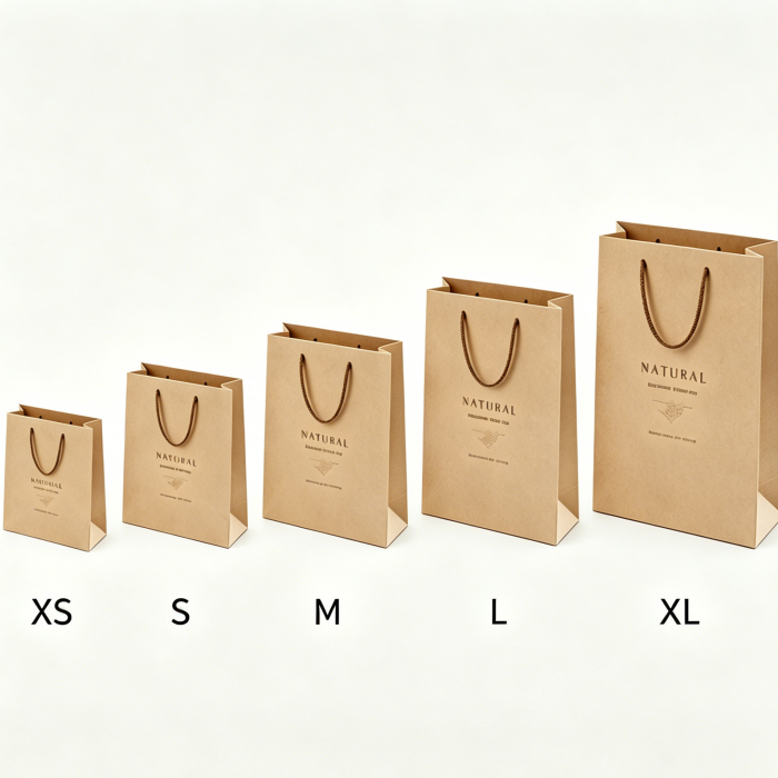 Natural kraft handmade paper gift bags in five sizes (XS, S, M, L, XL) with braided twine handles and minimalist "NATURAL" branding.