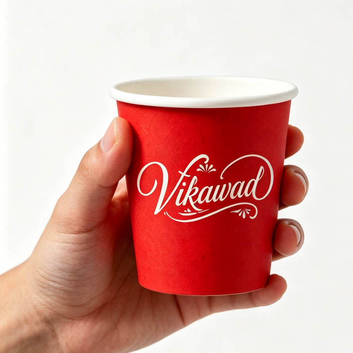 Human hand holding personalized red printed mini paper ice cream cup, portable single-use dessert paper cup mockup, custom logo disposable frozen yogurt cup for café takeaway service