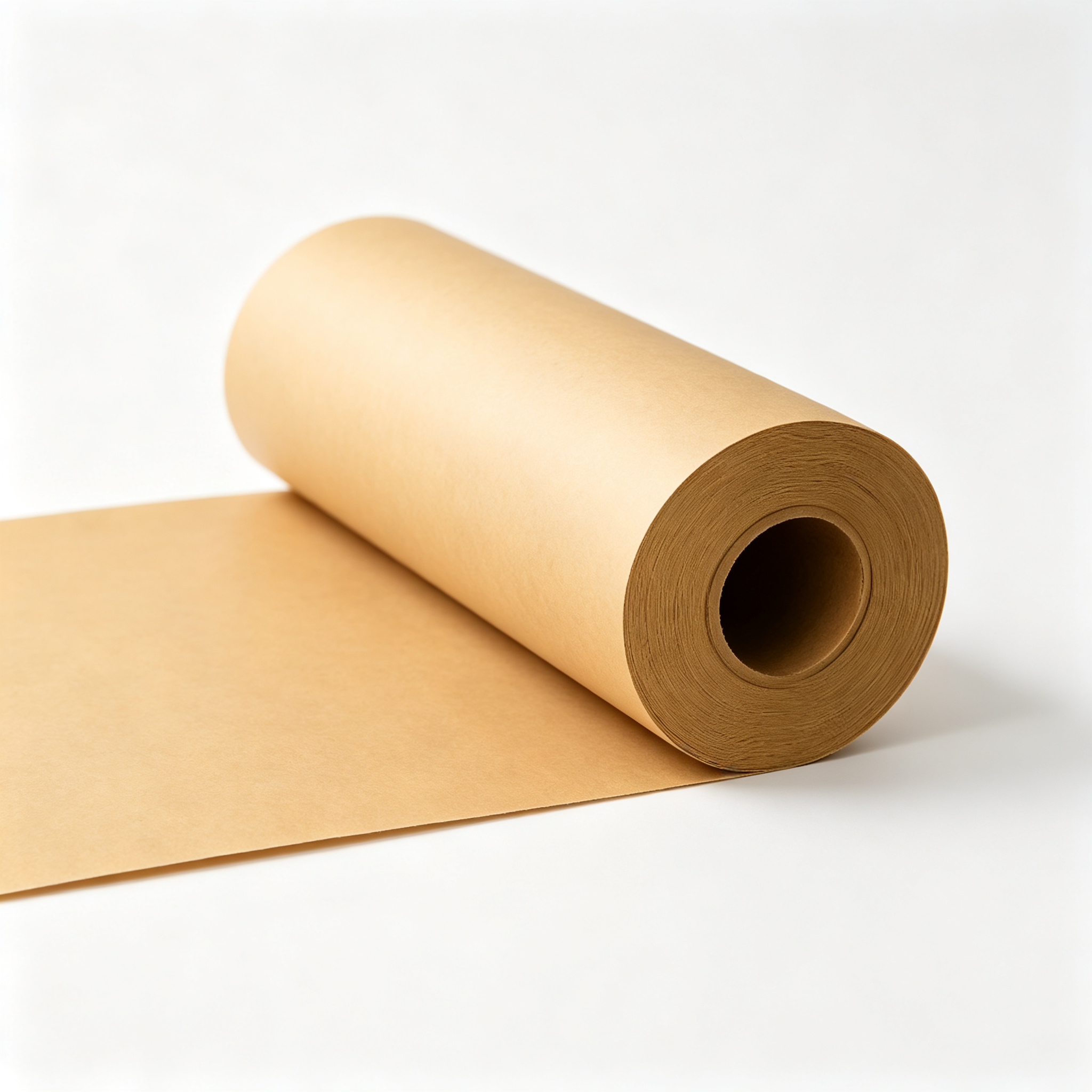 A large roll of brown kraft packing paper partially unrolled on a clean white background.
