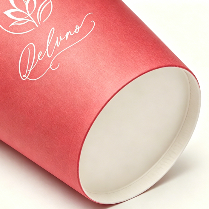 Close-up view of disposable red paper cups with custom logo, food grade recyclable eco friendly paper cups, custom printed paper cups wholesale for food packaging from paper cups manufacturer