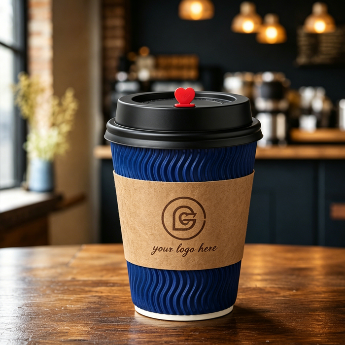 8K product photo of insulated PLA lined blue ripple wall paper coffee cup with kraft paper sleeve printed custom logo, eco friendly compostable disposable hot drink cups for café takeaway, wholesale bulk food grade heat resistant ripple wall paper cups
