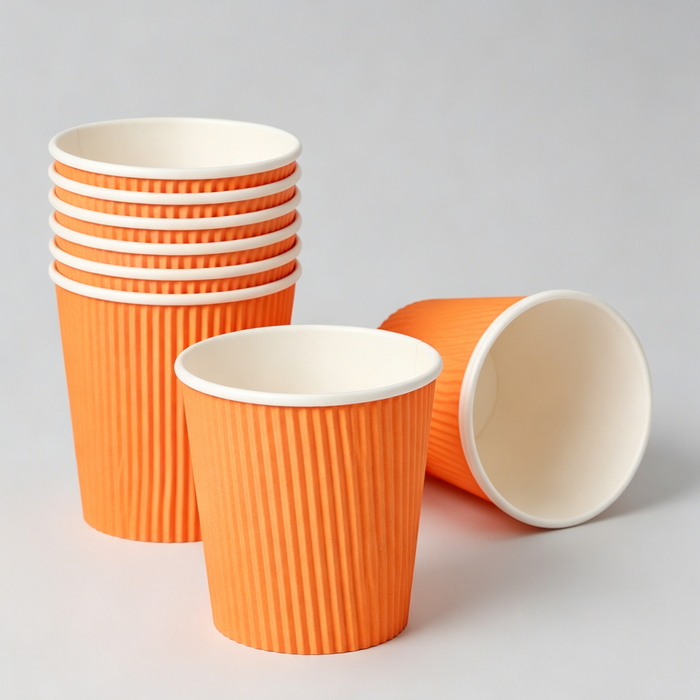 Solid orange ripple wall insulated corrugated paper cups on neutral grey background, stacked and tilted single color disposable hot drink cups, food grade vertical wave eco paper cups, customizable size logo wholesale bulk takeaway coffee cups for restaurant cafe business