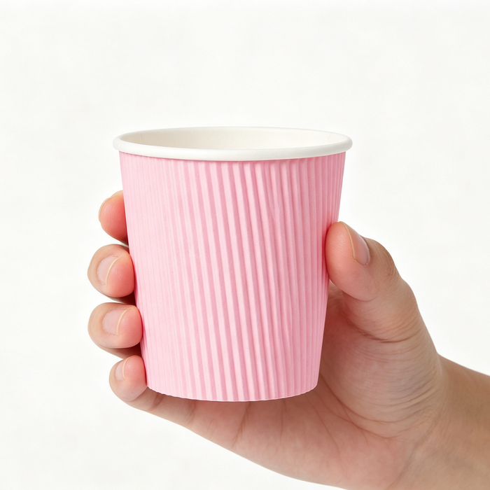 Real hand holding blank pink ripple wall disposable paper cup, pure white background, 8K real-life snapshot style, show vertical corrugated insulation texture, food safe single wall ripple paper espresso cup bulk supplier