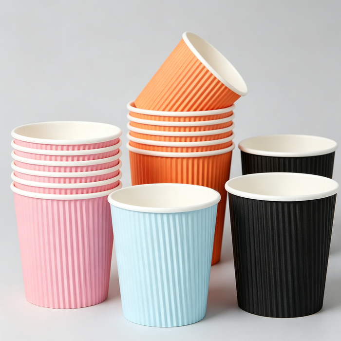 Plain white background stacked ripple wall corrugated paper cups in pastel pink orange black, vertical wave insulated disposable hot beverage cups, food grade eco friendly single use coffee cups with customizable logo, wholesale bulk corrugated paper cups for catering and party use