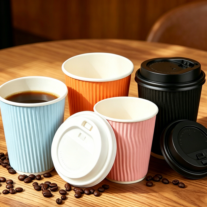 Vertical ripple wall insulated disposable coffee paper cups with matching white and black plastic lids, light pink blue orange black corrugated hot drink cups on solid wood table with roasted coffee beans, food grade leakproof takeaway paper cups for cafe shop wholesale bulk order