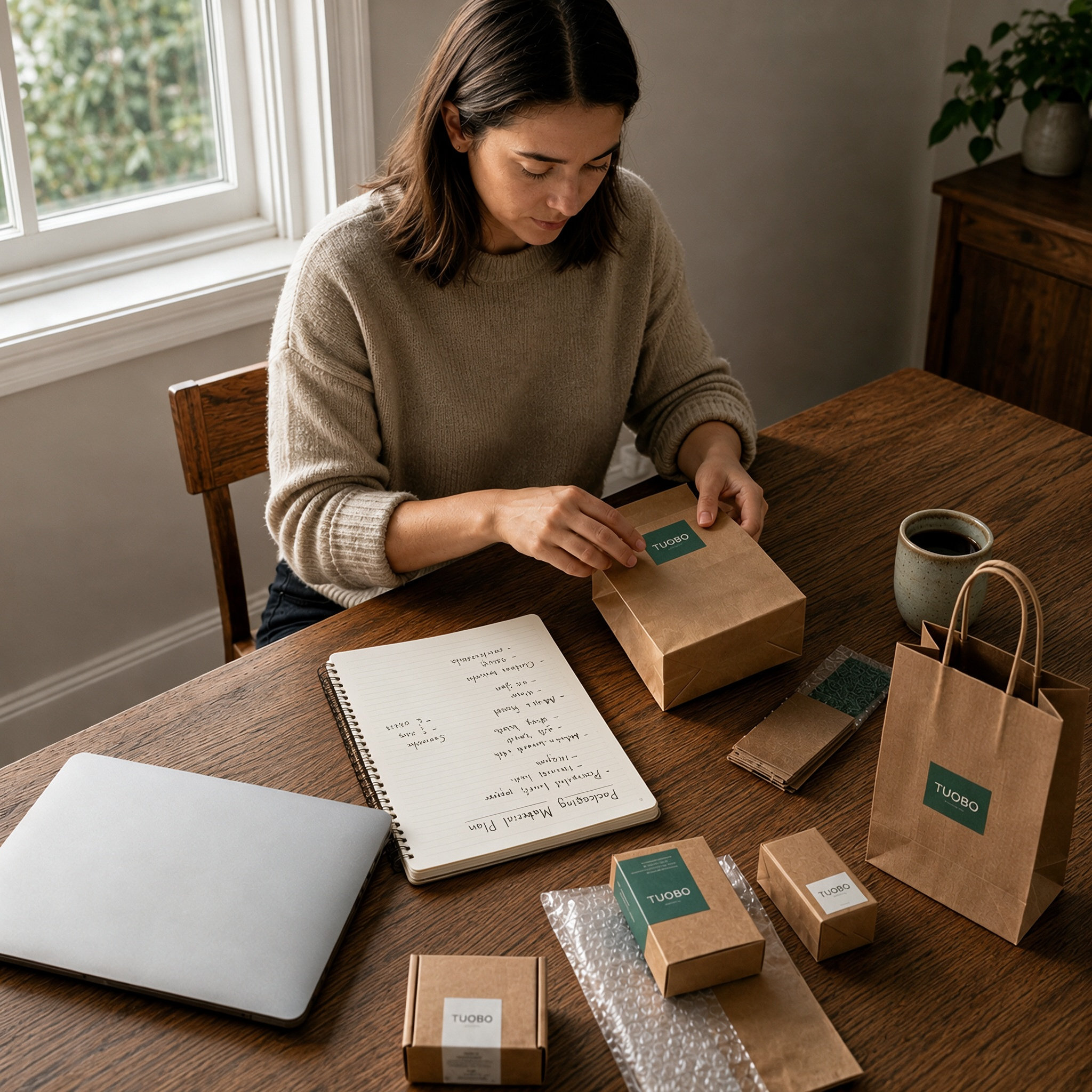 Female buyer reviewing custom kraft paper packaging samples including paper shopping bags and gift boxes at a wooden desk, with a packaging material plan notebook, laptop and coffee cup in natural window light.