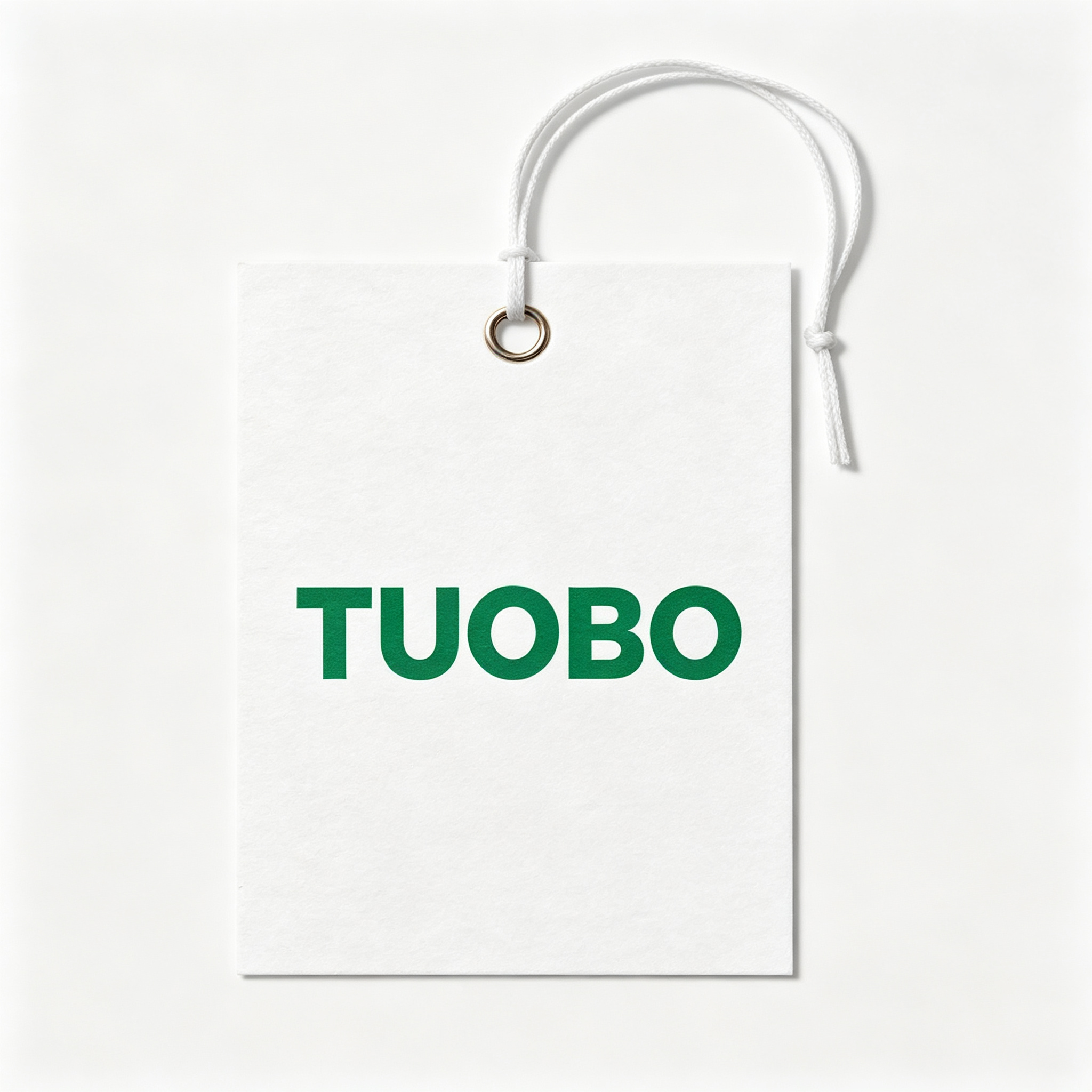 A white paper hang tag featuring a green printed TUOBO logo, a metal eyelet, and a white string attached, set against a clean white background.
