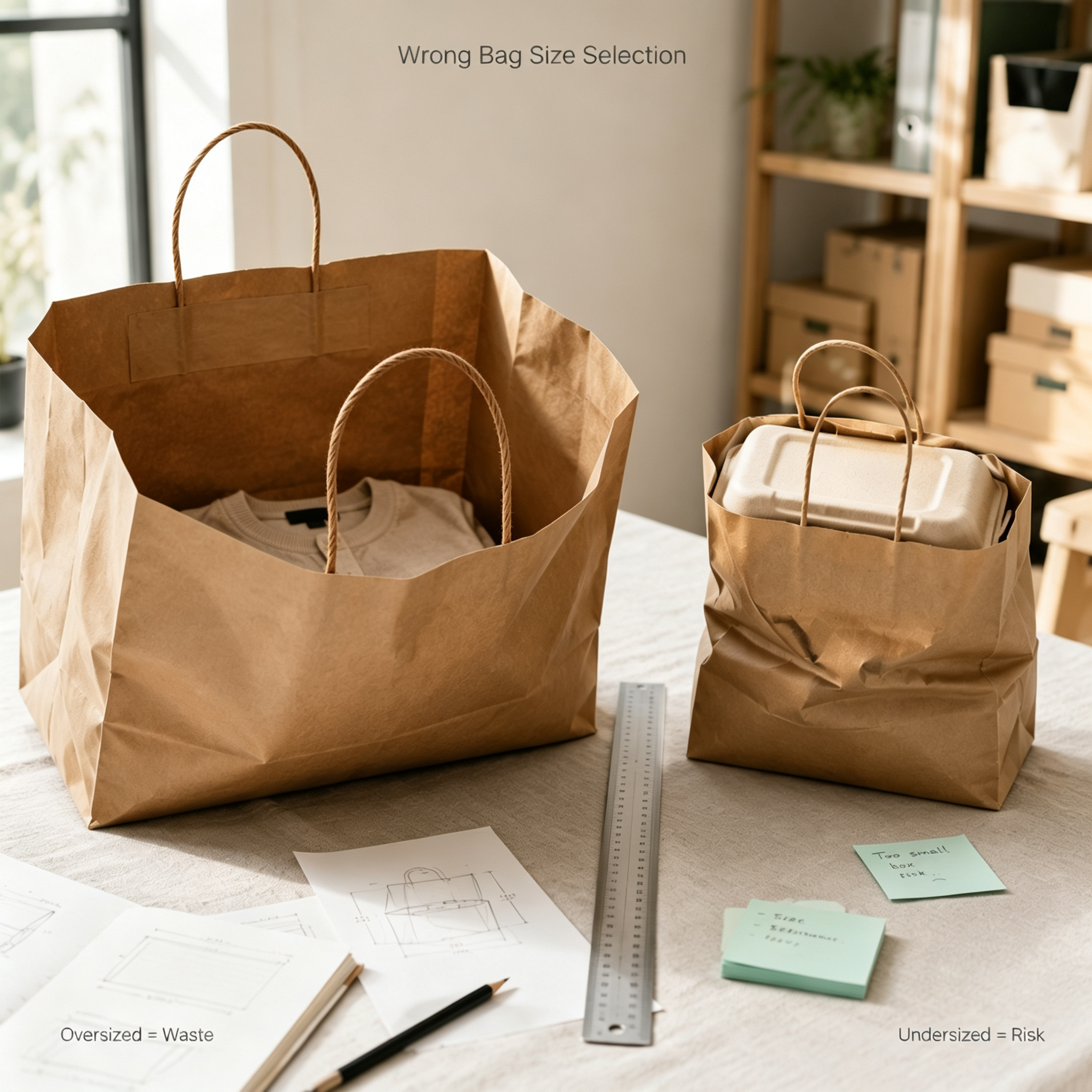 Two brown kraft paper bags on a linen table showing wrong size selection: an oversized bag with a small sweater inside on the left, and a small bag overfilled with a takeout container on the right.