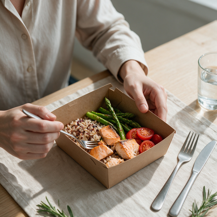 Person eating a salmon asparagus grain bowl from an open kraft cardboard take away box at a dining table with environmentally friendly take out containers.