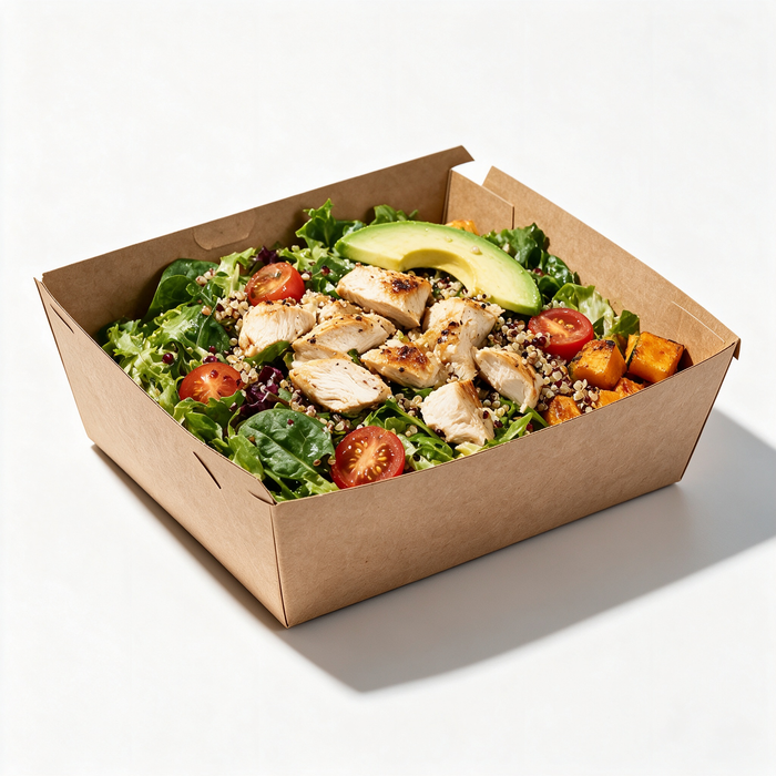 Fresh grilled chicken avocado salad packed inside a compostable takeout container carry out food tray isolated on a white background.