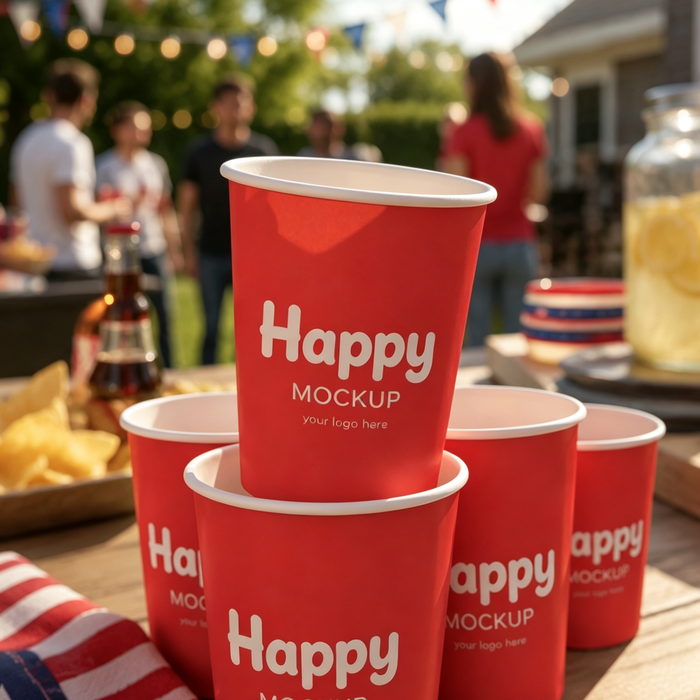 Vibrant red colored coffee cups stacked on a wooden table at an outdoor family gathering, representing eco-friendly food grade material packaging.
