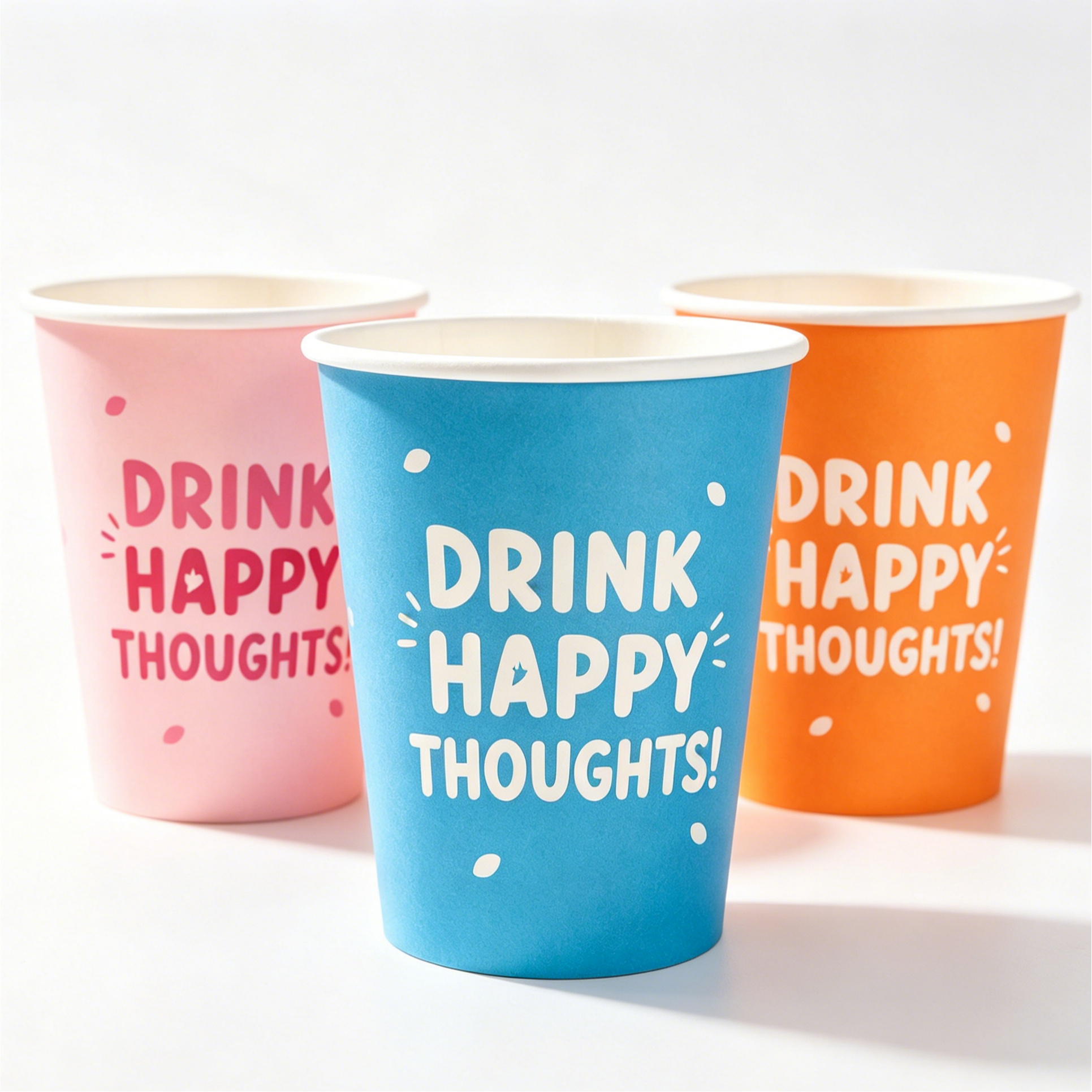 Branded compostable pastel party paper cups with custom "Drink Happy Thoughts" print, blush pink sky blue tangerine disposable cups for birthday bridal shower bulk suppl