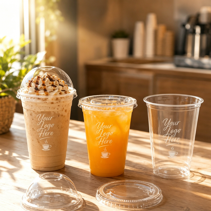 Complete display of clear PET coffee to go cups with custom gold logo, including frappe, iced orange drink and empty cup with matching lids for coffee shop beverage packaging
