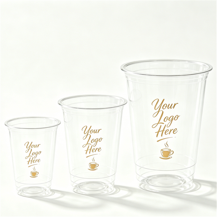 Complete display of clear PET coffee to go cups with custom gold logo, including frappe, iced orange drink and empty cup with matching lids for coffee shop beverage packaging