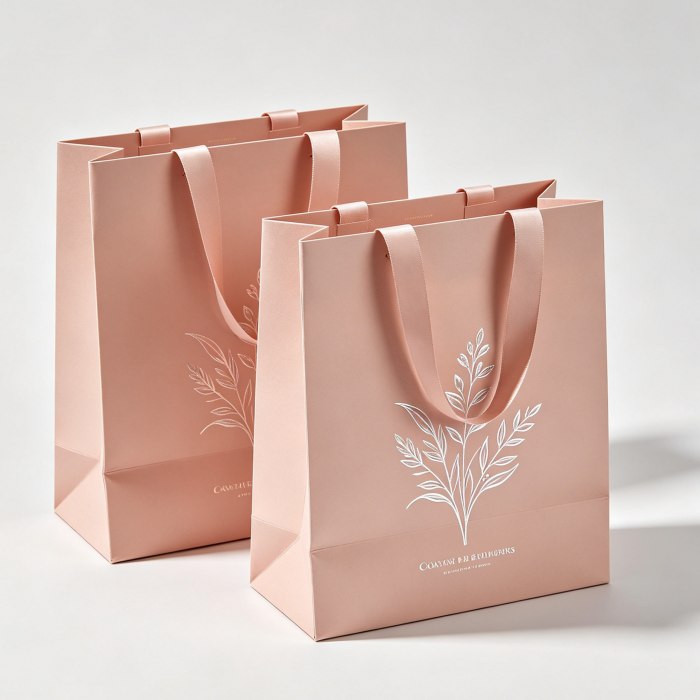 Two matte blush-pink custom shopping bags in different sizes, featuring white foil-stamped botanical line art and satin ribbon handles on a white background.