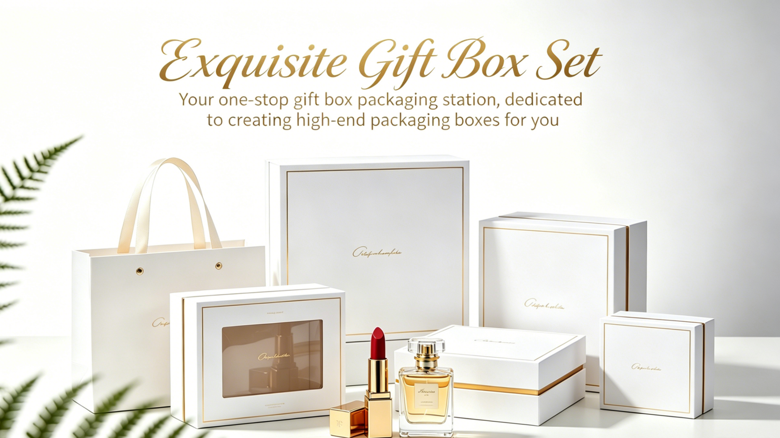 Luxury white cosmetic gift boxes with gold foil details, including tote, window, and rigid box styles, styled with lipstick and perfume on a clean white background.