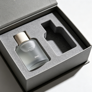 Open rigid perfume gift box with precision-cut gray felt insert holding a 30ml frosted glass bottle, showcasing tailored protection and clean product presentation.
