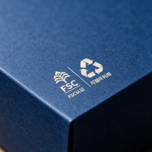 Close-up of FSC certification and recycling symbols printed in light ink on a navy blue rigid box, highlighting sustainable packaging compliance.