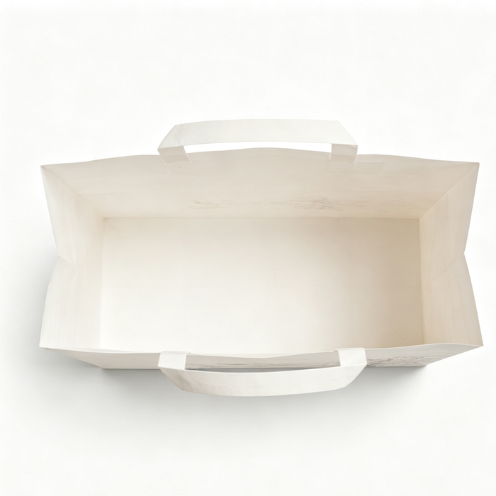 Blank white sustainable bakery paper bag top view, empty food grade bread carry bag template for custom logo printing, wholesale bakery retail packaging