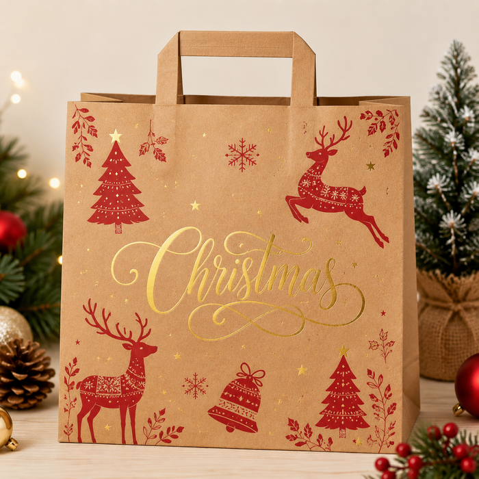 Three brown kraft paper Christmas gift bags with gold and silver foil lettering and festive red designs, displayed on floor near decorated Christmas tree.