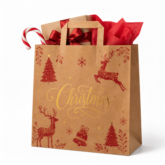 Brown kraft paper Christmas gift bag with gold foil 'Christmas' lettering, red festive designs, filled with gifts, candy cane, and red tissue paper, on a white background.