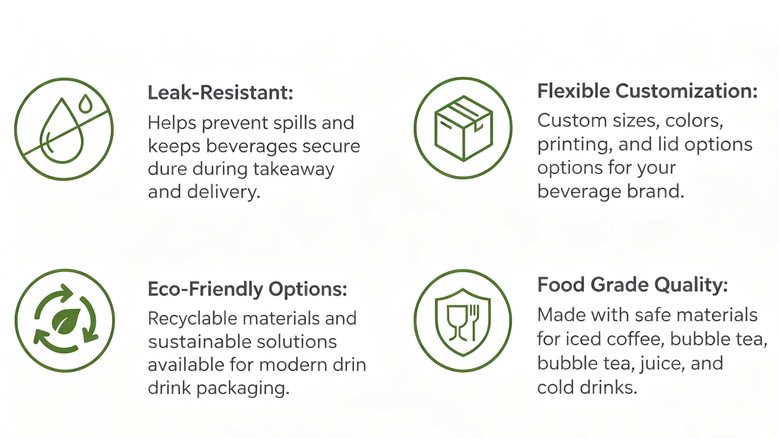 Four core advantages infographic of custom rPET U shaped plastic cups, leak-resistant takeaway beverage packaging, flexible brand customization, eco-friendly recyclable recycled PET materials, food grade safe disposable cold drink cups for cafe bubble tea iced coffee juice wholesale