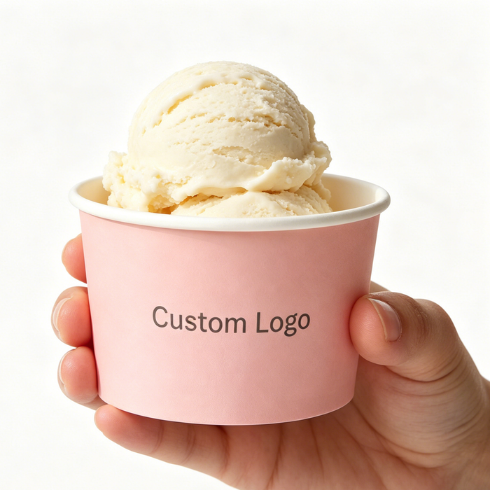 Closeup hand holding pastel pink custom printed paper ice cream tub filled with vanilla ice cream, eco friendly compostable disposable frozen yogurt cup for cafe retail packaging