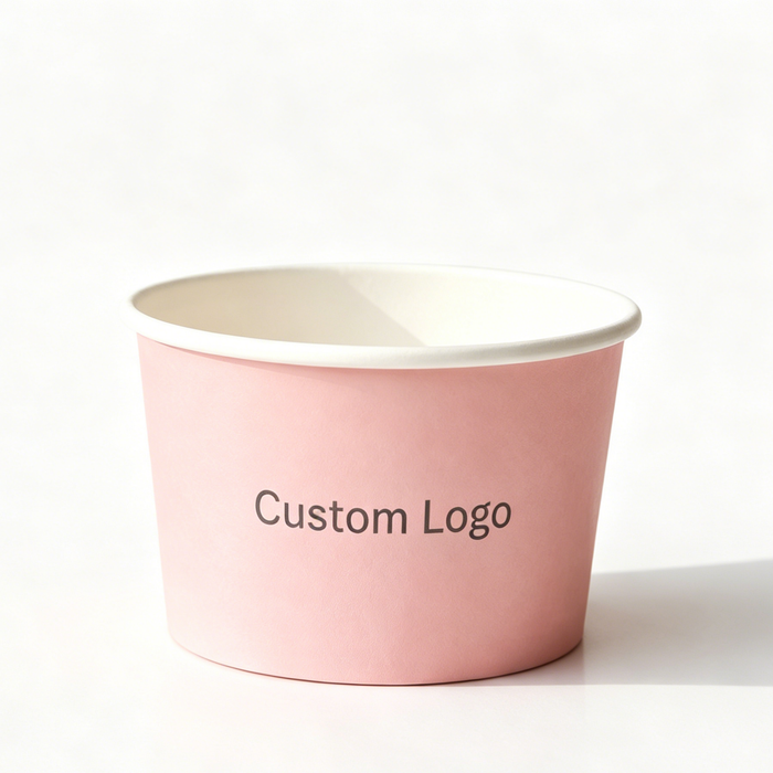 Minimalist white background product photo of blank pastel pink compostable paper ice cream cup, custom logo printable disposable dessert tub for ice cream shop bulk packaging, soft natural daylight